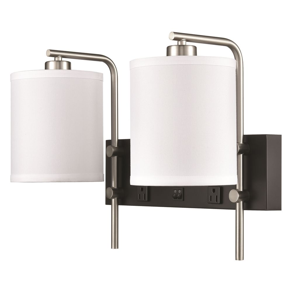 Valeria Double Wall Sconce, Hardwire, Brushed Nickel & Black Powder Coat, Pure White Linen Shade